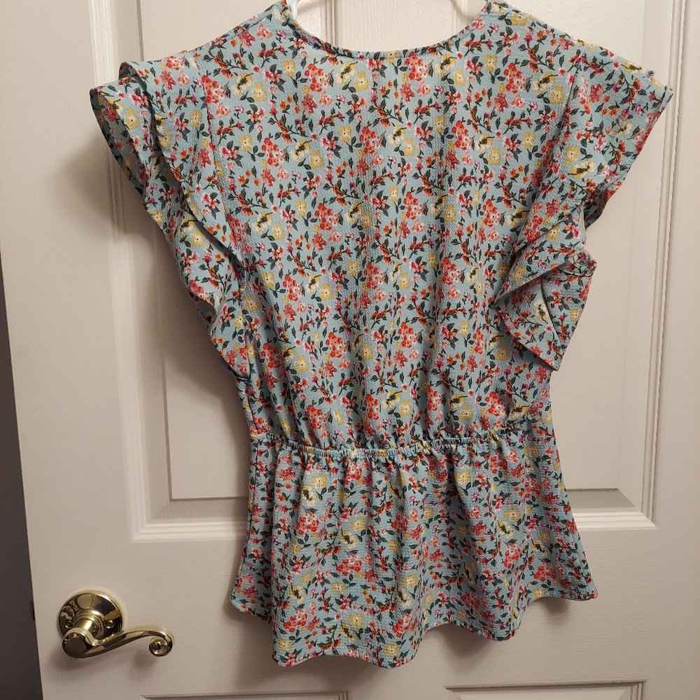 Women's Floral Blouse MONTEAU Short Sleeves Shirt Blue Pink Green Ruffled Sleeve - Picture 6 of 6